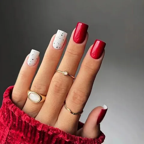 Square Burgundy Press On Nails Wine Red Glossy Artificial Nails With Black Splatter Pattern Sweet Cool Style Nails