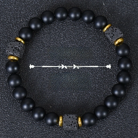 Beaded Bracelet Matte Black Stone And Volcanic Lava Stone With Metal Spacers Elastic Minimalist Style For Men Women