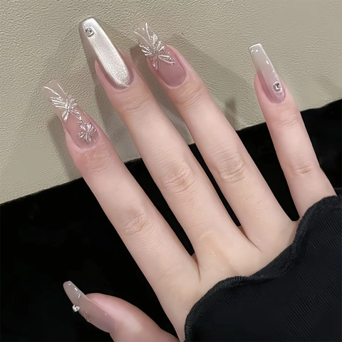 Unghie Finte Fatte A Mano Long Coffin Rosa Jelly Occhio Di Gatto Farfalla Argento Strass Eleganti Per Donne