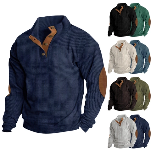 Men Henley Pullover Sweatshirt Cotton Blend Ribbed Knit Stand Collar Button Neck Contrast Elbow Patches Vintage Top