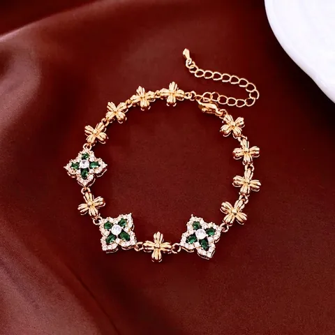 Bracelet Réglable Fleur Cuivre Plaqué Or 18K Avec Zircon Trèfle Style Vintage Bijoux Élégants Pour Femmes