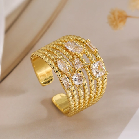 Geometric Adjustable Open Ring Gold Plated Copper With Cubic Zirconia Minimalist Fashion Jewelry For Women