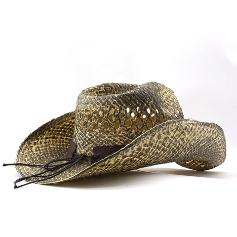 Vintage Cowboy Straw Hat Western Wide Brim Sun Protection Breathable Paper Straw With Metal Bull Head Decor Men Women