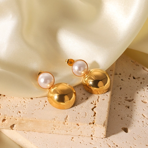 Stainless Steel Artificial Pearl Earrings 18K Gold Plated Semi Circle Studs For Women Hypoallergenic With Stainless Steel Earring Post