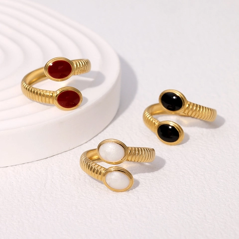 Vintage Ribbed Open Ring 18K Gold Plated Stainless Steel Retro Oval Faux Stone Adjustable Fashion Jewelry For Women