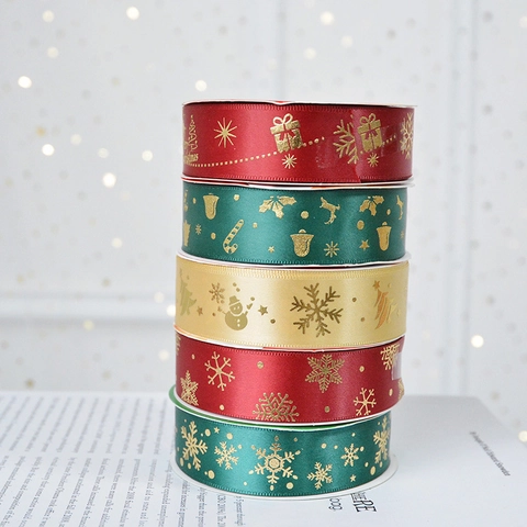 Christmas Satin Ribbon Gold Stamped Merry Christmas Snowflake Snowman Patterns Holiday Gift Wrapping Party Decoration