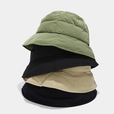 Quilted Bucket Hat Winter Warm Down Style Windproof Outdoor Puffy Fisherman Hat With Adjustable Chin Strap Vintage