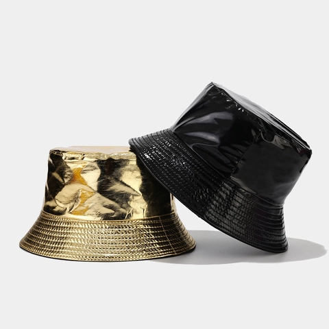 Chapeau Bob En Cuir PU Brillant Métallique Protection Solaire Pliable Imperméable Mode Streetwear Accessoire