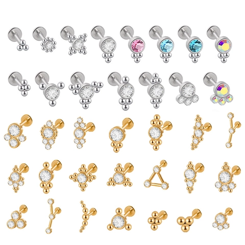 316L Stainless Steel Cubic Zirconia Labret Lip Stud Flat Back Ear Cartilage Piercing Geometric Crystal Cluster Jewelry