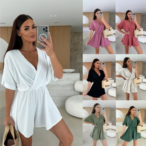Mono Corto De Mujer Cuello En V Manga Corta Texturizado Cintura Alta Casual Vacaciones Jumpsuit Liso