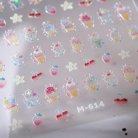 3D Stereoskopische Nagelsticker Süße Sommer Eiscreme Erdbeere Muster Relief Maniküre Abziehbilder Für Damen Mädchen Geschenk