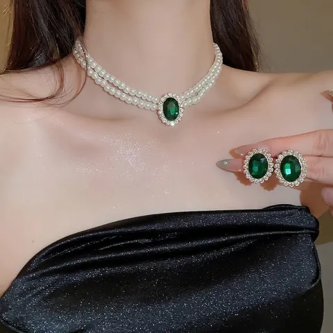 Collana Künstliche Perle Doppio Filo Bracciale Orecchini Gemma Ovale Strass Choker Donna Stile Palazzo Lusso
