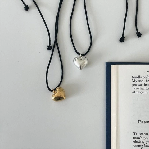 925 Sterling Silver Heart Pendant Necklace With Black Wax Cord Minimalist Simple Ins Style Korean Jewelry For Women