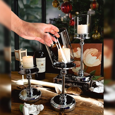 Portacandele In Metallo E Vetro Nordico Retrò Lusso Antivento Centrotavola Per Matrimonio Festa Natale Decorazione Casa