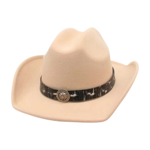 Retro Western Cowboy Hat For Men Women Wide Brim Felt Fedora With Lion Head Emblem Pattern Band Vintage Ethnic Style