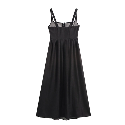 Robe Maxi Femme Aspect Denim Sans Manches Col Carré Boutonnée Taille Haute Plissée Style Corset Robe Longue