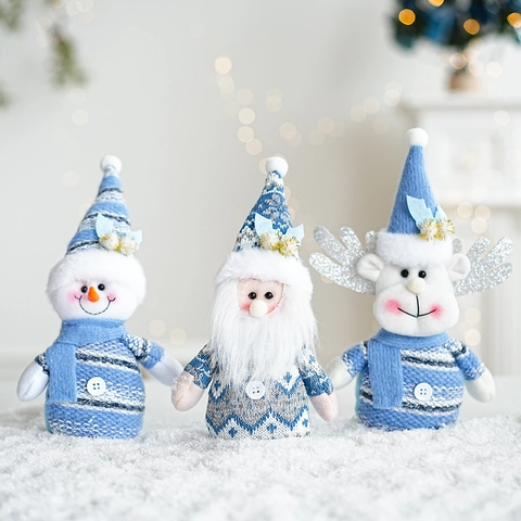 Weihnachts Plüschpuppe Ornamente Blau Gestrickter Weihnachtsmann Schneemann Rentier Tischdekoration Für Feiertage Heimparty Winterstil