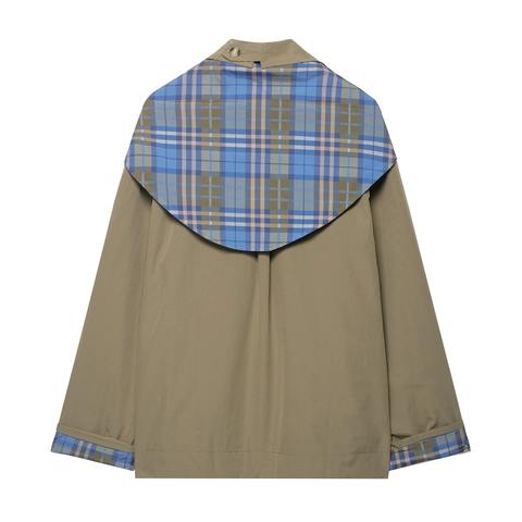Women Polyester Jacket Reversible Plaid Patchwork Scarf Collar Tie Neck Button Up British Style Retro Outerwear