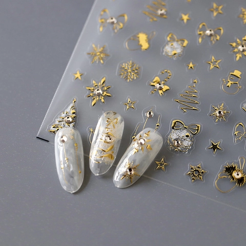 Stickers Autocollants Pour Ongles De Noël En Feuille D'Or Gaufré 3D Flocon De Neige Arbre Bonhomme De Neige Nœud Décorations