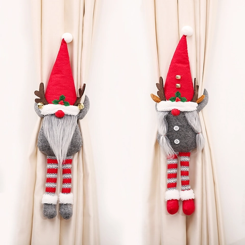 Christmas Gnome Curtain Tieback Swedish Tomte Faceless Doll With Reindeer Antler Red Grey Long Leg Festive Window Decoration