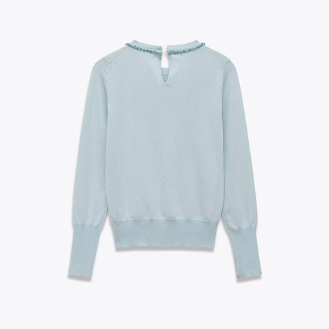 Damen Strickpullover Langarm Rundhalsausschnitt Blau Strass Verziert Schlüsselloch Hinten Elegant Polyester