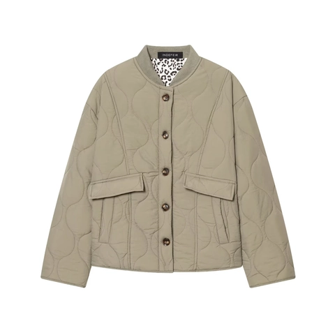 Chaqueta Acolchada Para Mujer Abrigo Ligero Con Patrón De Ondas Forro De Leopardo Cuello Redondo Con Botones Ropa De Abrigo Con Bolsillos