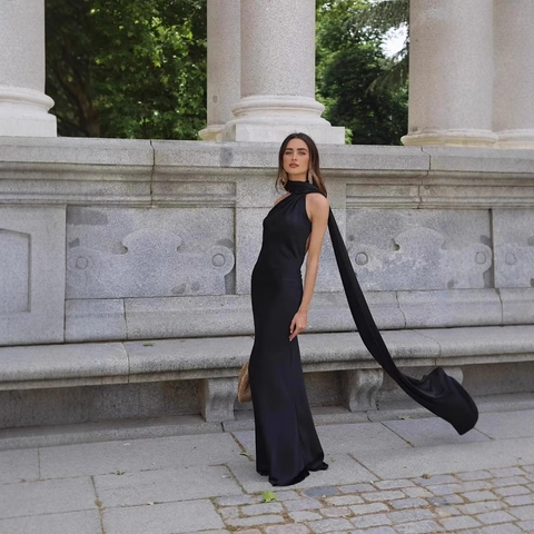 Polyester Satin Maxi Dress Single Shoulder Halter Backless Floor Length Evening Gown With Streamer Elegant Formal Party Women