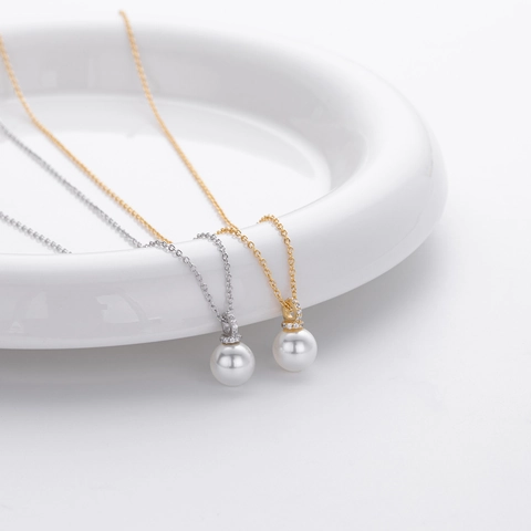 925 Sterling Silver Artificial Pearl Pendant Necklace Geometric Zirconia Accented Chain For Women Vintage Jewelry Gift