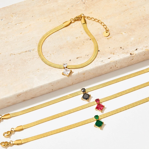 Joyas De Acero Inoxidable Collar Y Pulsera De Cadena De Serpiente Dorada Con Circonita Cúbica Cuadrada Para Mujer Elegante