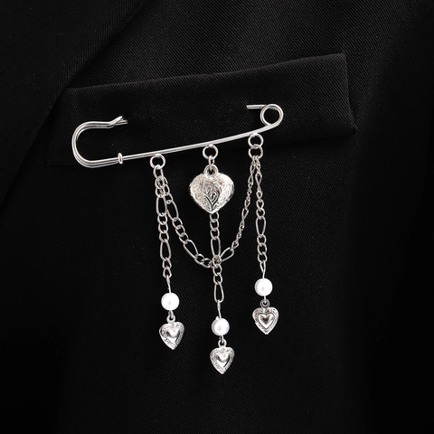 Broche de Alfiler de Gancho con Borlas de Aleación Vintage con Dijes de Corazón Estrella Estilo Punk Cadena de Plata Joyería
