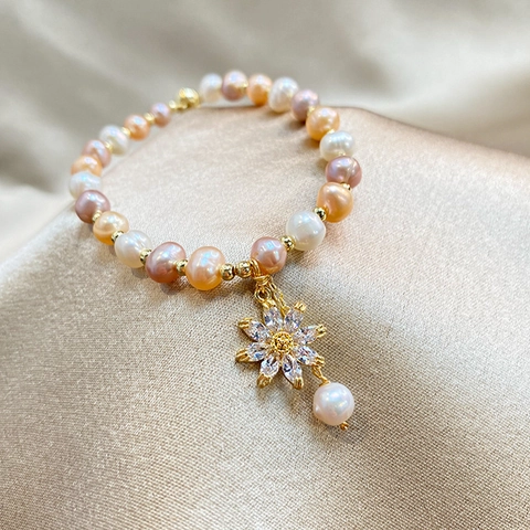 Bracciale Di Perle D'acqua Dolce Multicolore Con Ciondolo A Girasole In Zircone Regolabile Gioielli Eleganti