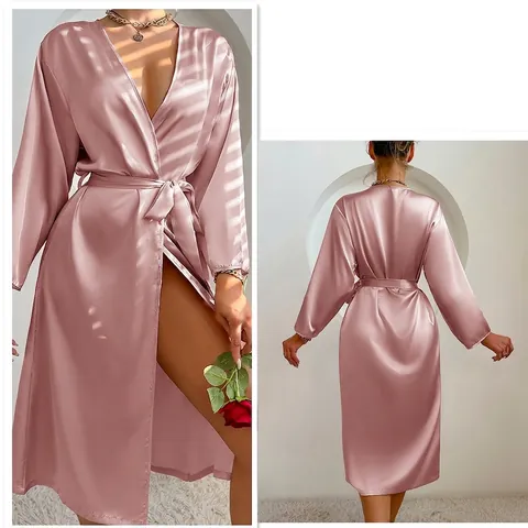 Women Robe Imitation Satin Satin Long Sleeve V-Neck Belted Sleepwear Elegant Nightgown Loungewear