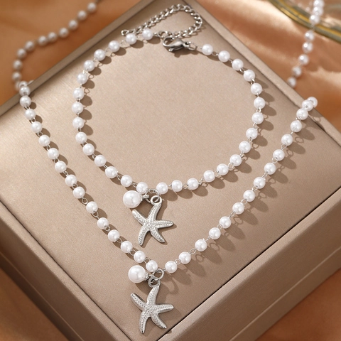 Set Gioielli Perle Artificiali Stella Marina Stile Oceano Acciaio Inossidabile Oro Argento Collana Bracciale Donna Mare