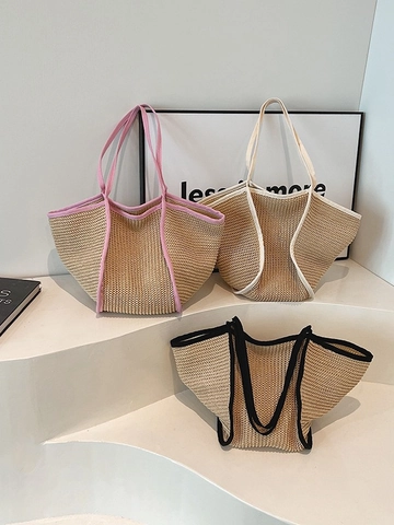 Women Large Capacity Straw Woven Tote Bag Contrast Color Summer Beach Handbag Single Shoulder Casual Vacation Style
