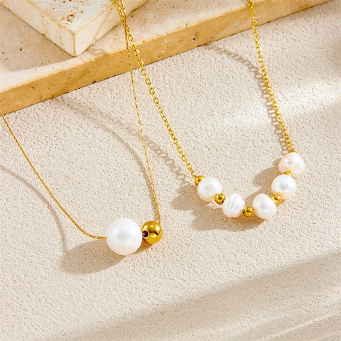 Stainless Steel Necklace Minimalist Irregular Pink White Artificial Pearl Pendant Gold Plated Chain Jewelry For Women
