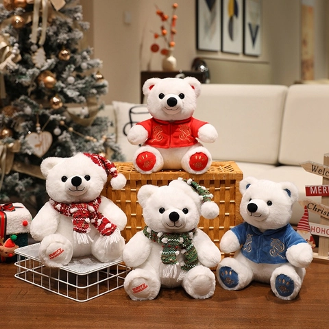 Christmas Polar Bear Plush Toy White Soft Rabbit Fur Animal Doll With Scarf Hat Festive Holiday Gift For Kids Room Decor