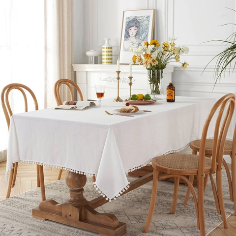 Rectangular Washed Cotton Tablecloth Solid Color With White Pompom Trim For Home Dining Table Kitchen Decor Nordic Style