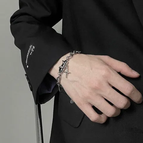 Bracciale In Acciaio Inossidabile Con Pietra Sintetica Rettangolare E Ciondolo A Croce Stella Uomo Donna Stile Punk