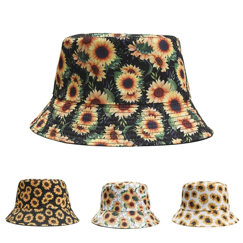 Chapeau Bob Motif Tournesol Mélange Coton Large Bord Été Protection Solaire Extérieur Floral Voyage Pour Femmes
