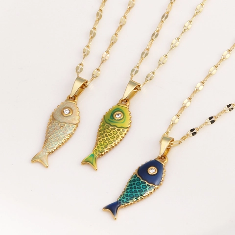 Collana Con Pendente Pesce Koi Stile Cinese Vintage Acciaio Inossidabile Smalto Forma Animale Con Occhi Di Strass Per Donne