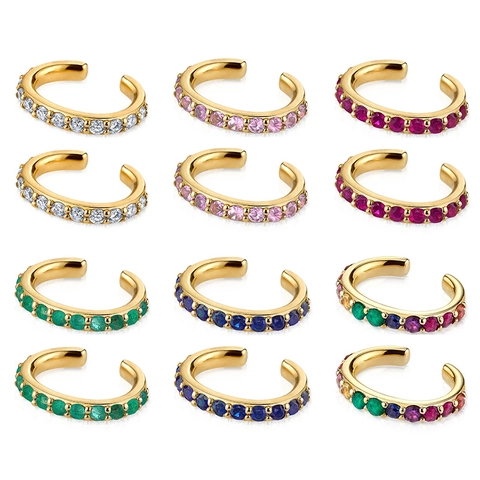 Niche Design Brass 24K Gold Plated C-Shaped Ear Cuff Inlaid With Colored Zirconia Non-Piercing Earrings Jewelry For Women