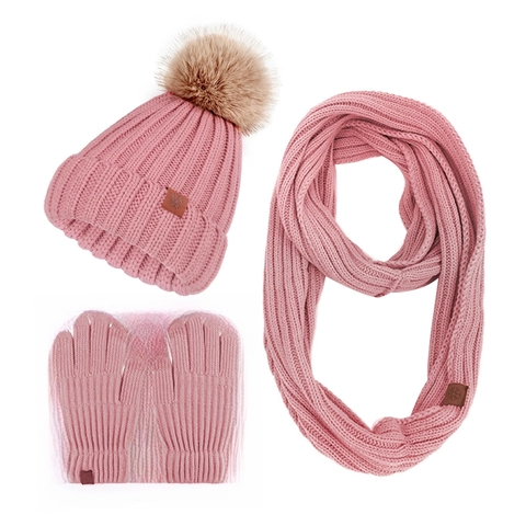 Winterwarme Strickmütze Mit Bommel Rundschal Und Touchscreen Handschuhe Dickes Fleece Futter Thermisch Outdoor Für Damen