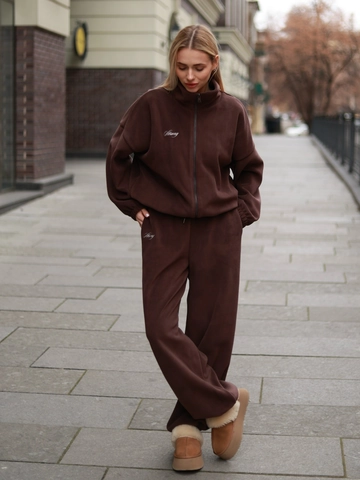 Giacca In Pile Donna Con Cerniera E Pantaloni Larghi Ricamo Lettere Casual Sportivo