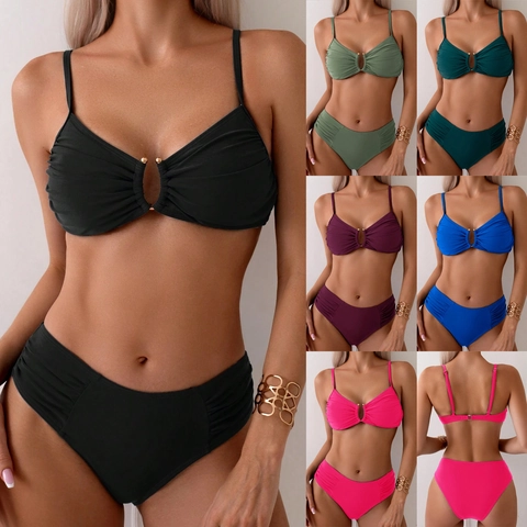 Women Bikini Swimwear Ruched High Waisted Swimsuit With Metal Ring Buckle Sexy Solid Color Beachwear Nylon