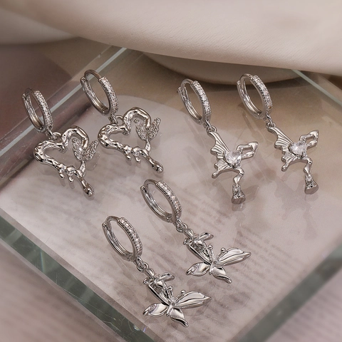 Vintage Schmetterling Herz Ohrhänger Für Damen Kupfer Strass Lava Flüssigkeit Engel Flügel Drop Ohrringe Mode Schmuck Geschenk