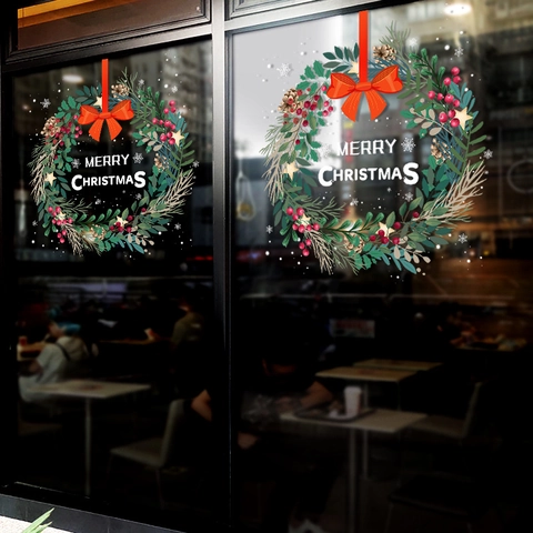 Pegatinas De Ventana De Corona De Navidad PVC Estático Impermeable Color Doble Cara Calcomanías De Puerta De Vidrio Navidad