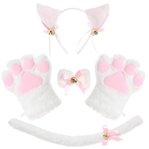 Plüsch Katzenohr Haarreif Krallen Handschuhe Schwanz Und Fliege Halsband Für Halloween Cosplay Kostüm Party Zubehör
