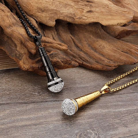 Collar Con Colgante De Micrófono Acero Inoxidable Oro De 18K Circonita Strass Joyas Hip Hop Rap Para Hombres