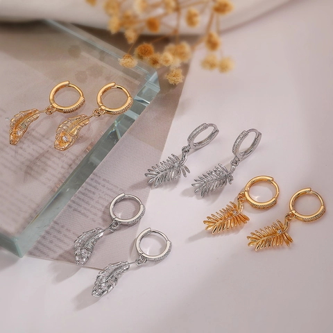 Feather Pendant Hoop Earrings Zircon Inlaid Copper Gold Plated Elegant Commuting Jewelry For Women Fashion Retro