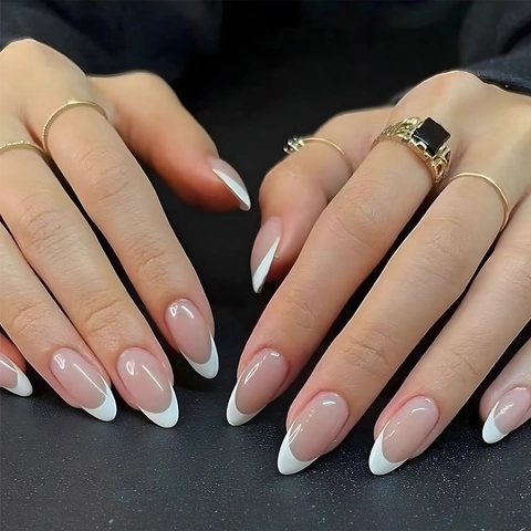 Uñas Postizas Press On French Tip Forma Almendra Rosa Nude Borde Blanco Brillante Uñas Artificiales Para Mujeres Con Pestañas Adhesivas